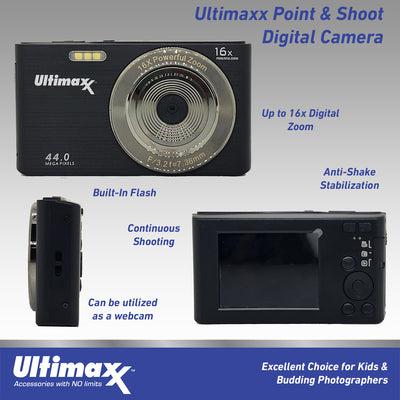 Ultimaxx 44MP Digital Compact Camera with 16x Digital Zoom w/ 32GB Card Bundle