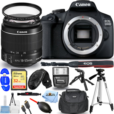 Canon EOS 2000D / Rebel T7 with 18-55mm IS II Lens + 32GB + Flash + UV Bundle