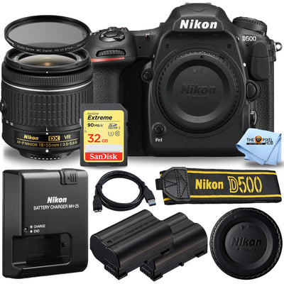Nikon D500 DSLR Camera with AF-P 18-55mm VR + EXT BATT + 32GB + UV Filter Bundle
