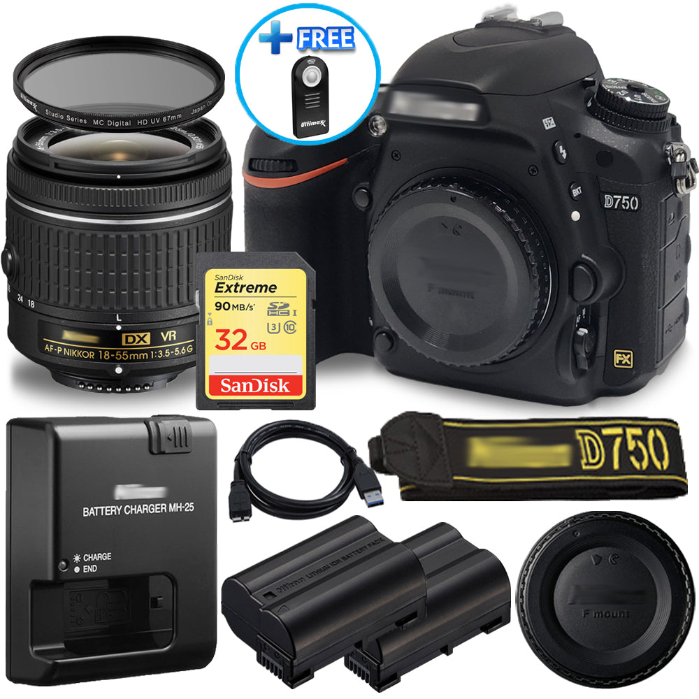 Nikon D750 DSLR Camera with 18-55mm VR Lens + EXT BATT + 32GB SD + UV Filter