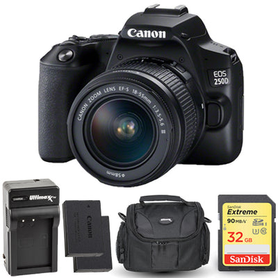 Canon EOS 250D/Rebel SL3 with 18-55mm III Lens + Extra Battery 32GB Case Bundle