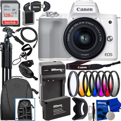Canon EOS M50 Mark II Mirrorless Camera with 15-45mm Lens (White) - 18PC Bundle
