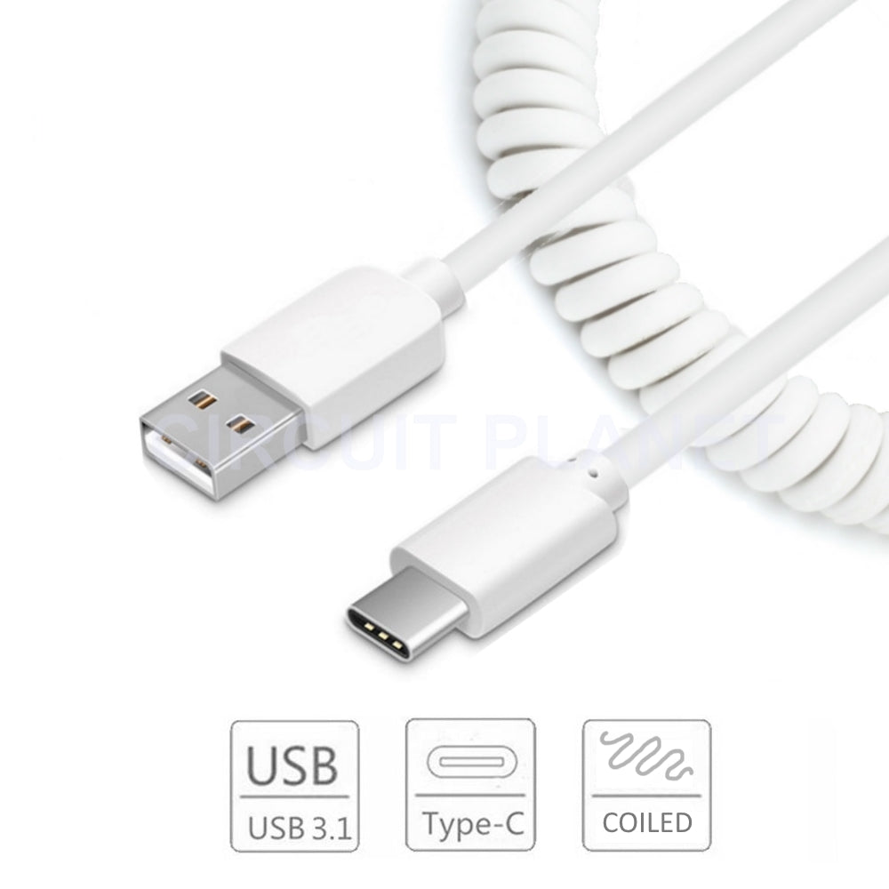 TYPE-C to USB Coiled SYNC Charger Cable Data Lead Charging Connector WHITE NEW