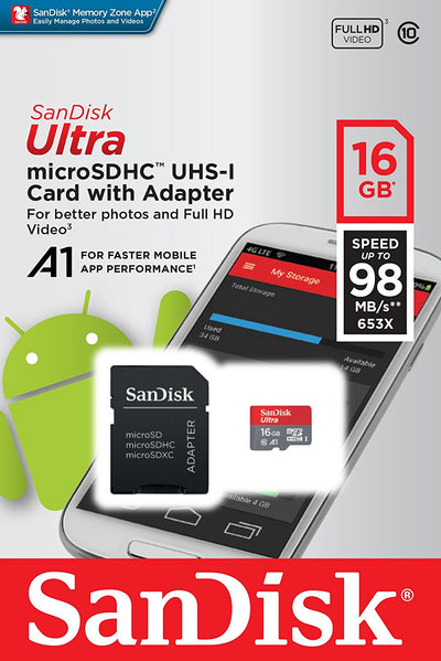 Sandisk Ultra 16GB Micro SDHC UHS-I Card 98MB/s U1 A1 - SDSQUAR-016G-GN6MA