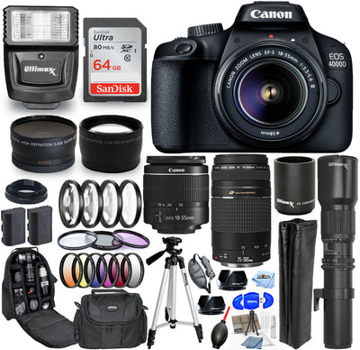 Canon EOS 4000D / Rebel T100 18-55mm + 75-300mm + 500mm 30 Piece Accessory Kit