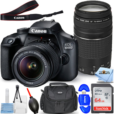 Canon EOS 4000D / Rebel T100 with 18-55mm III + 75-300mm Lenses - 64GB Bundle