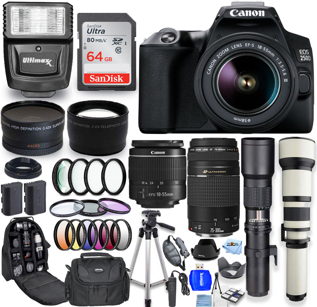 Canon EOS 250D/Rebel SL3 18-55mm + 75-300mm + 500mm + 650-1300mm 64GB Bundle