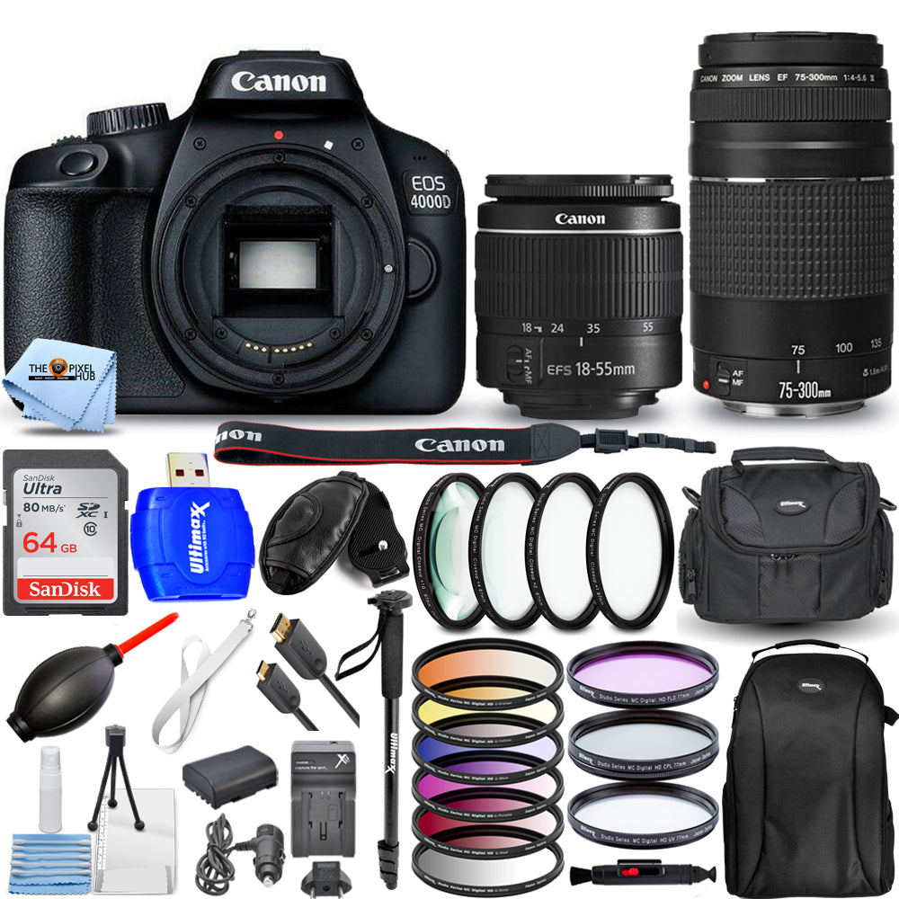 Canon EOS 4000D / Rebel T100 4 Lenses 18-55mm + 75-300mm + 64GB Top Value Bundle