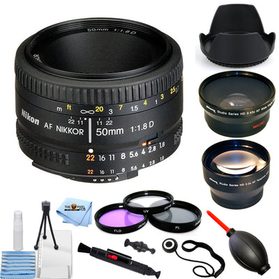 Nikon AF NIKKOR 50mm f/1.8D Autofocus Lens + Telephoto and Wide Angle Bundle