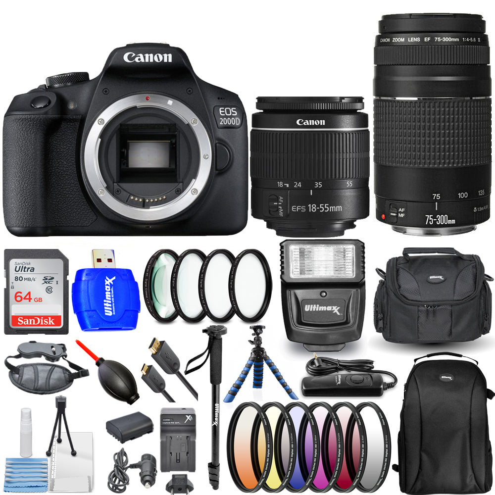 Canon EOS 2000D / Rebel T7 4 Lenses 18-55mm + 75-300mm + 64GB Top Value Bundle