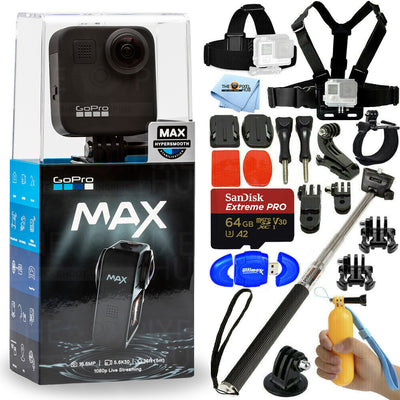 GoPro MAX 360 Waterproof Action Camera + 64GB + Chest and Head Strap Bundle