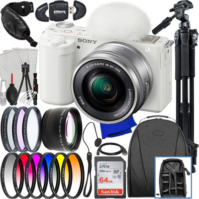 Sony ZV-E10 Mirrorless Camera with 16-50mm Lens (White) - 15PC Accessory Bundle