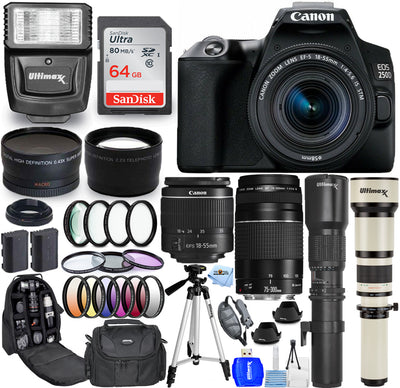 Canon EOS 250D / Rebel SL3 DSLR + 18-55mm + 75-300mm + 500mm + 650-1300mm Bundle