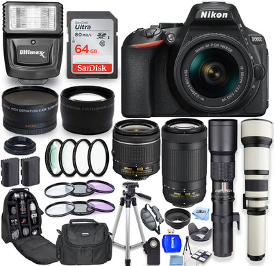 Nikon D5600 Camera with 18-55mm + 70-300mm VR + 500mm + 650-1300mm 64GB Bundle