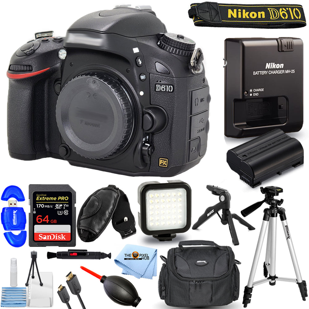 Nikon D610 DSLR Camera (Body Only) 1540 + 64GB + LED Light Kit + Tripod Bundle