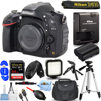 Nikon D610 DSLR Camera (Body Only) 1540 + 64GB + LED Light Kit + Tripod Bundle