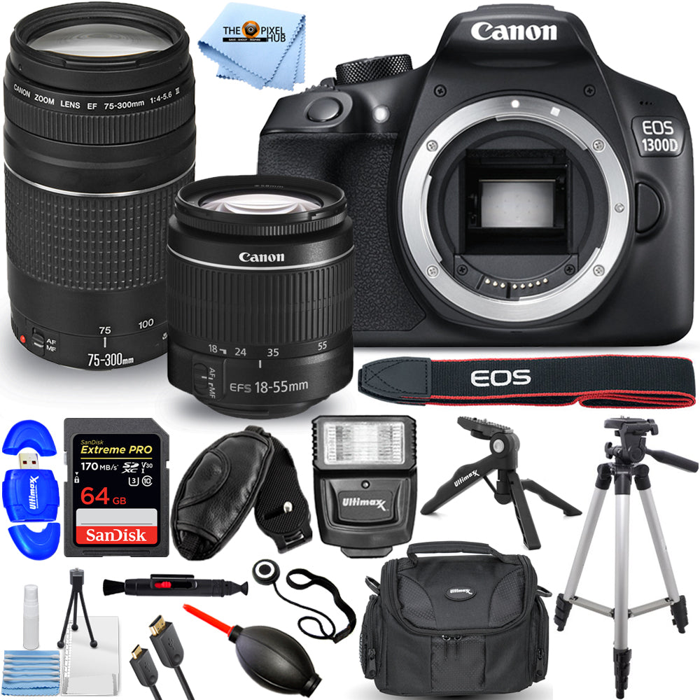 Canon EOS 3000D / T100 DSLR + 18-55mm III + 75-300mm Lens + 64GB + Flash Bundle