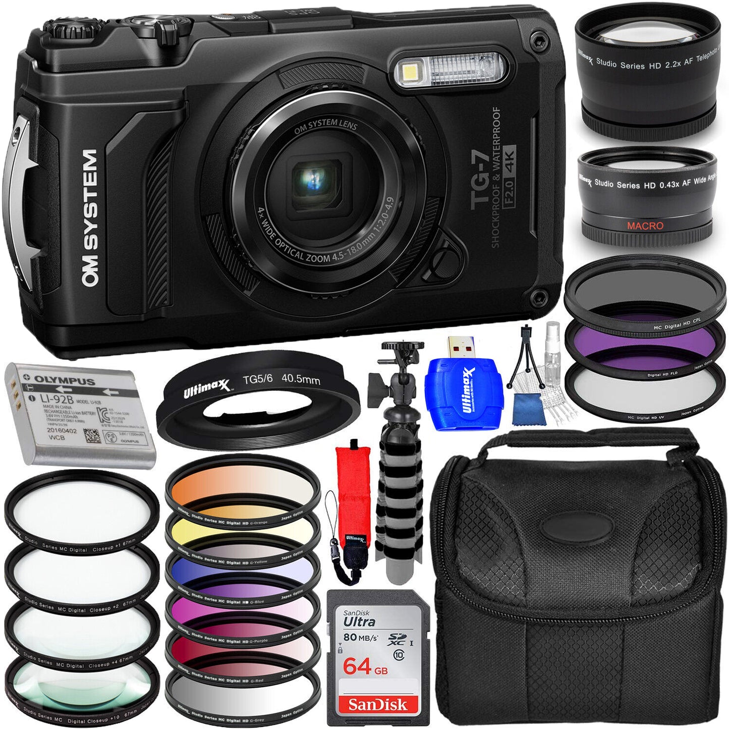 OM SYSTEM Tough TG-7 Digital Camera (Black) V110030BU000 - 12PC Accessory Bundle