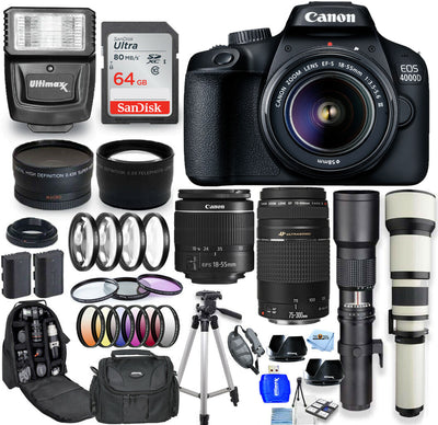 Canon EOS 4000D / Rebel T100 18-55mm + 75-300mm + 500mm + 650-1300mm 64GB Bundle