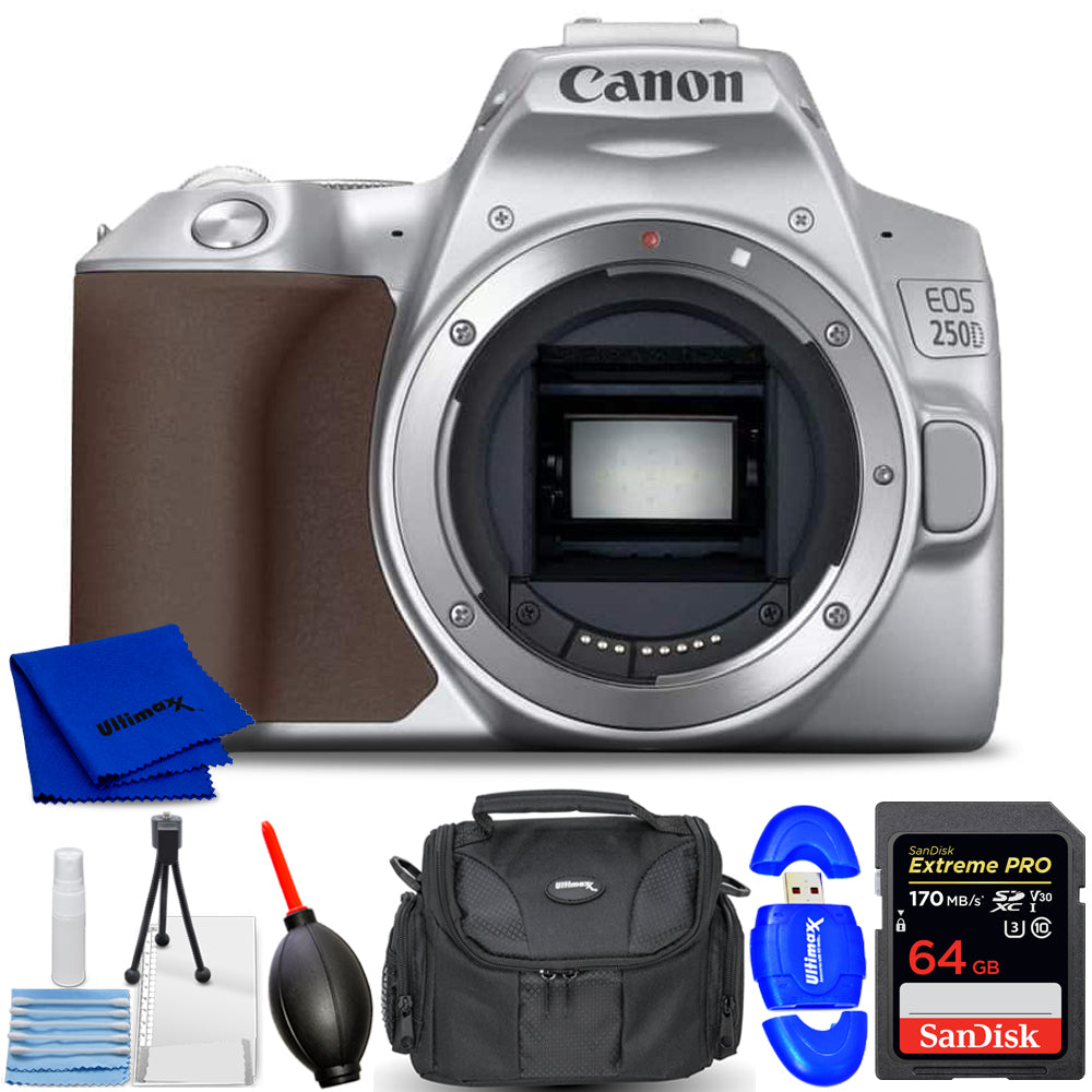 Canon EOS 250D/Rebel SL3 DSLR Camera (Silver, Body Only) - 7PC Accessory Bundle