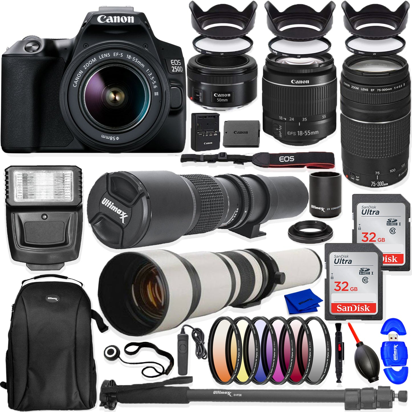 Canon EOS 250D/Rebel SL3 18-55mm + 75-300mm + 50mm STM 5 LENS Top Value Bundle