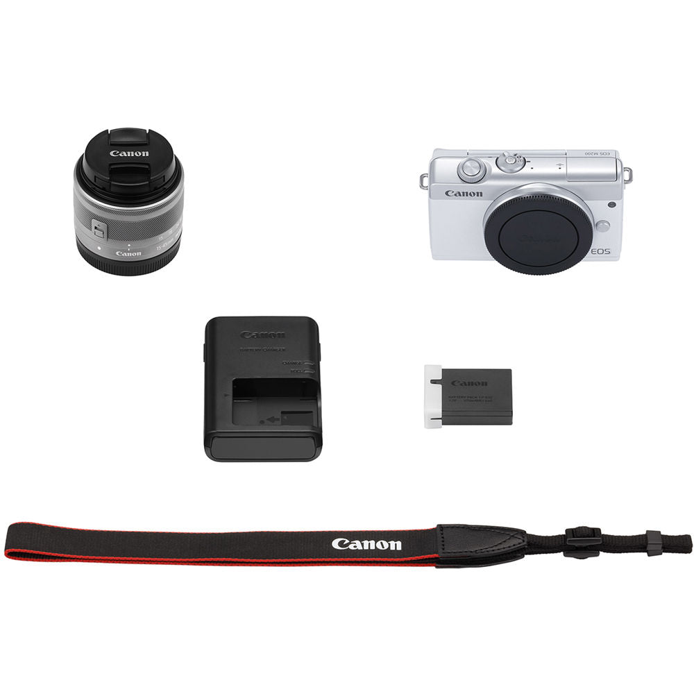 Canon EOS M200 Mirrorless Camera with 15-45mm (White) + EXT BATT + Filter Bundle