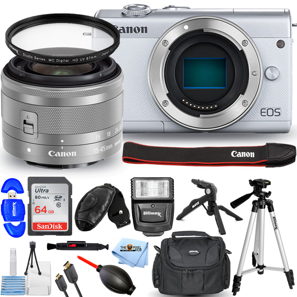 Canon EOS M200 Mirrorless Camera with 15-45mm (White) + 64GB + Flash Bundle